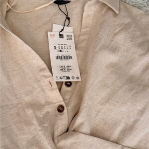 Zara Beige Button-Up Linen Blend Shirt and Matching Wrap Skirt